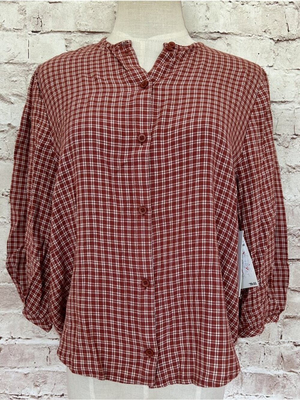 Treasure & Bond Top Womens XXS Rust Plaid Collarless Button Up  1/2 Puff Sleeve